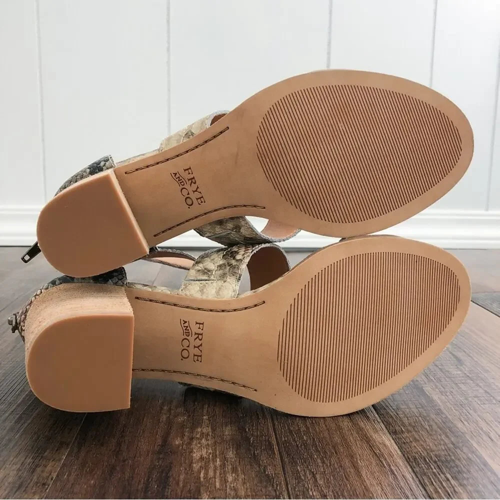 Frye & Co Ankle Strap Leather Sandal Block Heel Snakeskin Size 8.5 Gray Brown